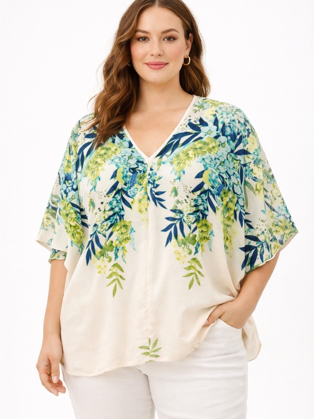 Rimini Floral V-Neck Tunic Blouse in Cream, Blue & Green Dolman sleeves EUC Airy